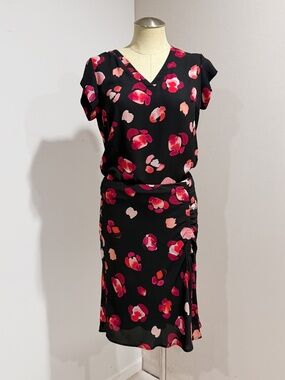 Cabi Women's 2 Piece Set Black Pink Floral V-Neck Top & Ruched Midi Skirt Size S